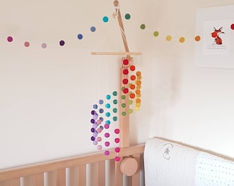 Rainbow Cascading Felt Ball Mobile, Brightly Coloured Nursery or Childrens Bedroom Decoration, With Matching Garland and Heart Decoration