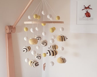 Needle Felted Bumble Bee Mobile, Handmade and Very Cute Honey Bees Paired with Felt balls to Create a Lovely Nursery or Bedroom Decoration.