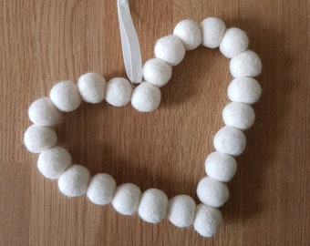 White Felt Ball Heart Hanging. Home Decoration, Colourful Wool Beads Shaped into a Heart Wreath. Ideal gift for Birthday, Mothers Day