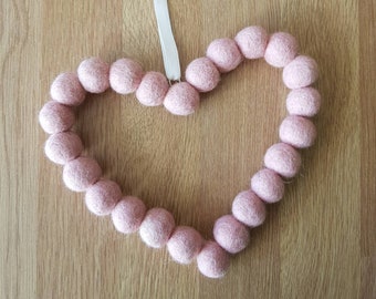 Pink Felt Ball Heart Hanging. Colourful Wool Beads Shaped into a Heart Wreath Decoration. Ideal gift for Birthdays and Mothers Day