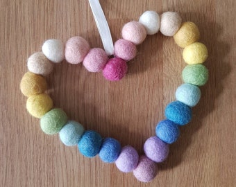 Pastel Rainbow Felt Ball Heart Hanging. Colourful Wool Beads Shaped into a Heart Wreath Decoration. Gift for Easter Birthdays, Mothers Day