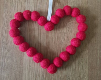 Red Felt Ball Heart Hanging. Home Decoration Colourful Wool Beads Shaped into a Heart Wreath. Ideal for Birthday, Mothers Day Gifts