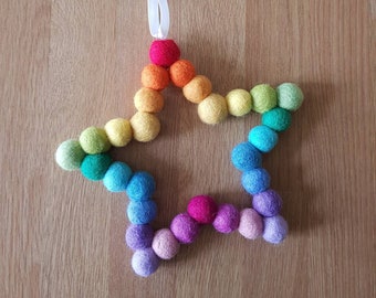 Rainbow Felt Ball Star Hanging, Colourful Wool Beads Shaped into a Star Wreath Decoration. Ideal gift for Pride, Birthdays and Mothers Day
