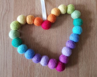 Rainbow Felt Ball Heart Hanging. Colourful Wool Beads Shaped into a Heart Wreath Decoration. Perfect Gift for Pride, Birthdays, Mothers Day