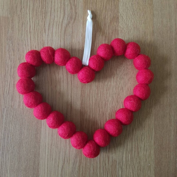 Red Felt Ball Heart Hanging. Home Decoration Colourful Wool Beads Shaped into a Heart Wreath. Ideal for Birthday, Mothers Day Gifts