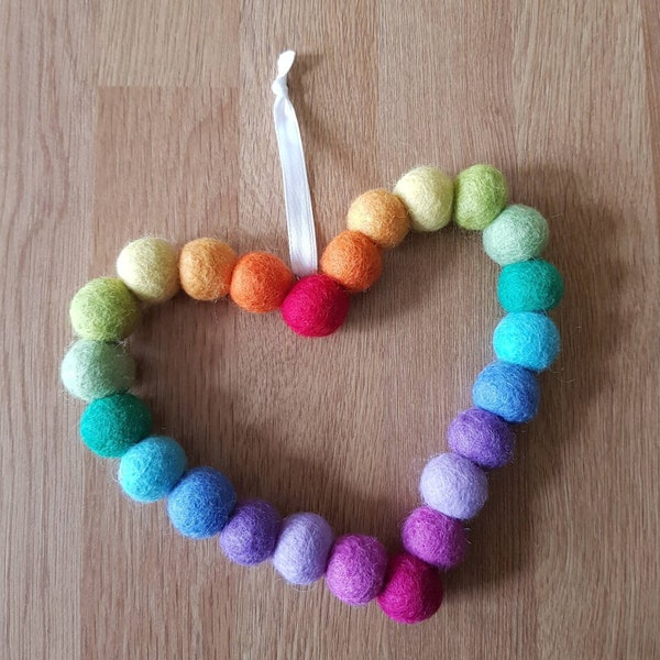 Rainbow Felt Ball Heart Hanging. Colourful Wool Beads Shaped into a Heart Wreath Decoration. Perfect Gift for Pride, Birthdays, Mothers Day