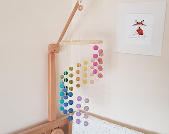Pastel Rainbow Cascading Felt Ball Mobile, Muted Nursery or Childrens Bedroom Decoration, With Matching Garland and Heart Decoration