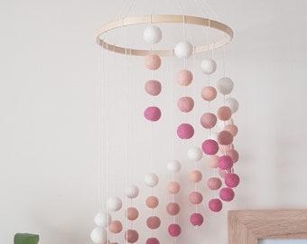 Pink and White Cascading Felt Ball Mobile, Soft Pink Coloured Nursery, Childrens Bedroom Decoration With Matching Garland + Heart Decoration