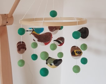 Needle Felted Garden Bird Baby Mobile, Handmade Cute Bedroom British Bird Decoration, Customise with a Choice of Birds & Coloured Felt Balls