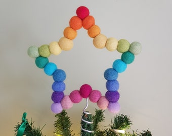 Rainbow Felt Ball Star Tree Topper, Colourful Wool Beads Shaped into a Star Christmas Tree Decoration. White and Custom Colours Available