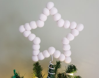 White Felt Ball Star Tree Topper, Classic Style Wool Beads Shaped into a Star Christmas Tree Decoration. Rainbow or Custom Colours Available