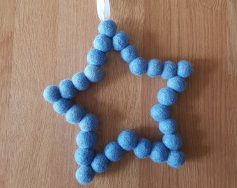 Blue Felt Ball Star Hanging, Wall Decorations, Colourful Wool Beads Shaped into a Star Wreath. Ideal gift for Birthday and Mothers Day