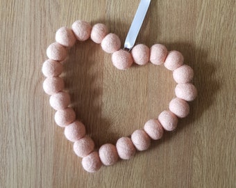 Soft Pink Felt Ball Heart Hanging. Soft Peach Wool Beads Shaped into a Heart Wreath Decoration. Ideal gift for Birthday and Mothers Day Gift