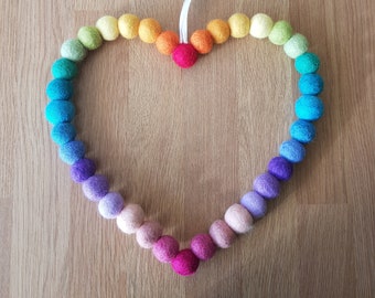 Rainbow Felt Ball Heart Hanging 25cm. Colourful Wool Beads Shaped into a Heart Wreath Decoration. Ideal gift for Birthdays, Mothers Day