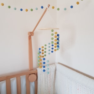 Blue, Green and Yellow Cascading Felt Ball Mobile, Bright Coloured Nursery or Childrens Bedroom Decoration, With Matching Garland and Heart image 1
