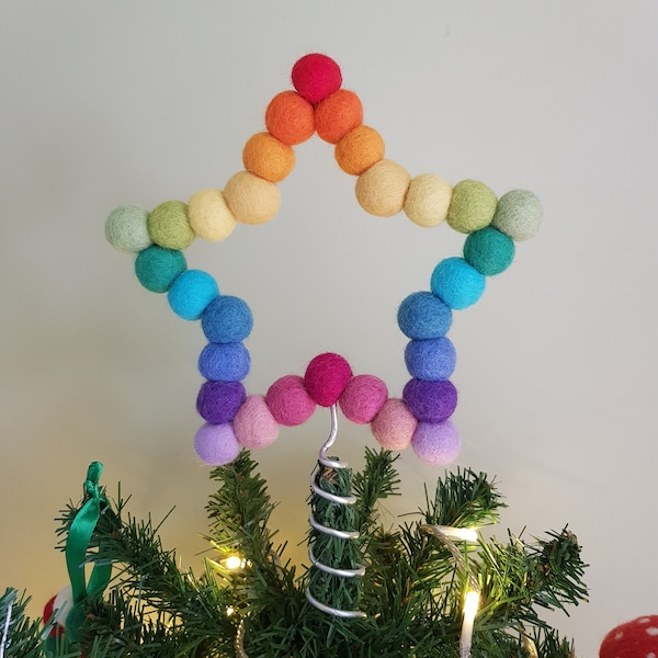 Rainbow Felt Ball Star Tree Topper, Colourful Wool Beads Shaped into a Star Christmas Tree Decoration. White and Custom Colours Available