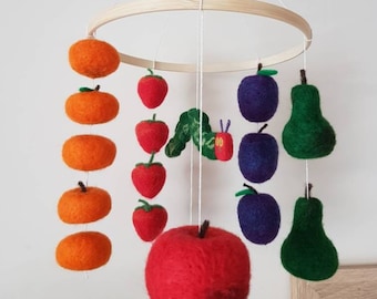 Needle Felted Baby Nursery Mobile. Handmade Childrens Bedroom Decoration, Childrens Story Inspired with Caterpillar, Fruit and wooden heart