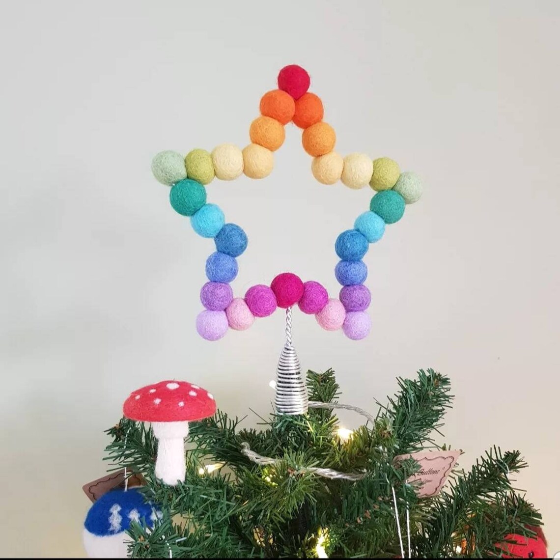 Rainbow Felt Ball Star Tree Topper Colourful Wool Beads Etsy