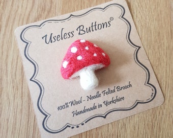 Personalised Mother's Day Mushroom Brooch Handmade in Red & White, Fairy Circle, Needle Felted Fly Algaric Fungi Pin, Birthday, Teacher Gift