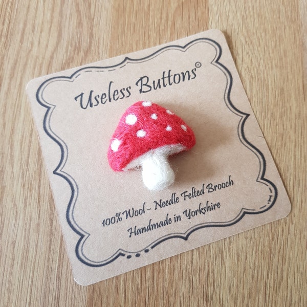 Needle Felted Mushroom Brooch Handmade in Red & White, Fairy Circle, Cute Felt Fly Algaric Fungi Pin, Birthday, Mothers Day or Teacher Gift