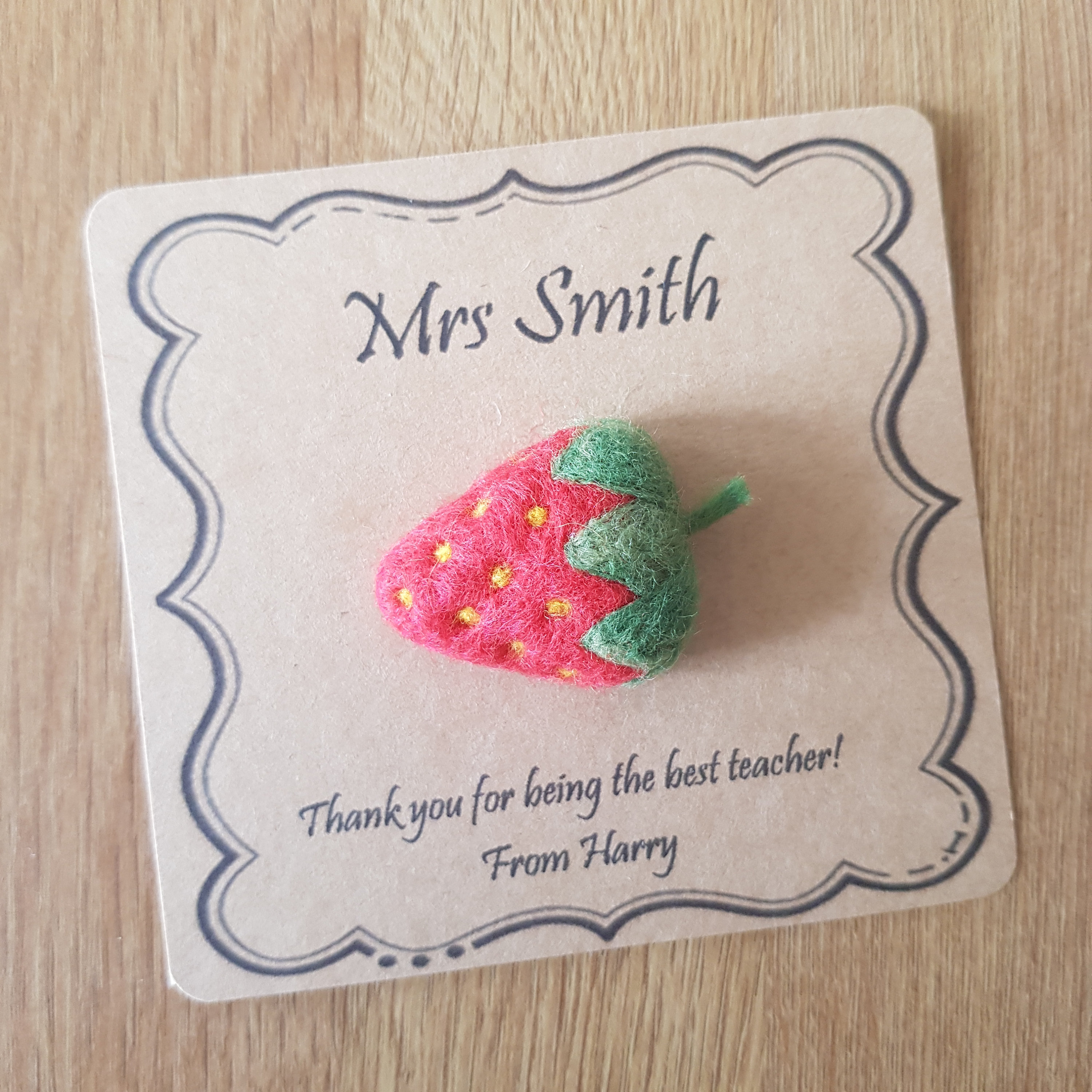 Personalised Gift Needle Felted Strawberry Brooch Handmade in Red & Green