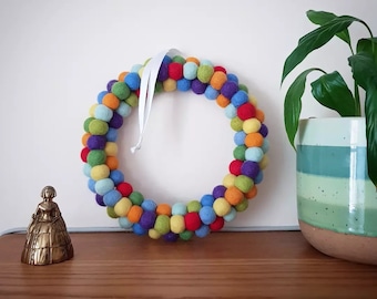 Felt Ball Wreath in Rainbow Colours, Felt Wreath Decoration, Bedroom Rainbow Decoration, Indoor Wreath, Bright and Colourful Decor