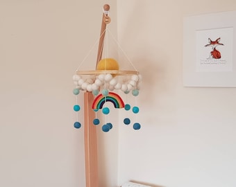 Needle Felted Baby Nursery Mobile. Handmade Childrens Bedroom Feltball Decoration, Weather Inspired with Rainbow, Clouds, Raindrops and Sun