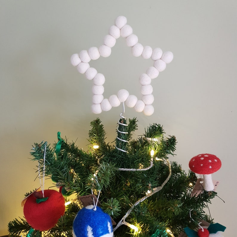 White Felt Ball Star Tree Topper, Classic Style Wool Beads Shaped into a Star Christmas Tree Decoration. Rainbow or Custom Colours Available image 2