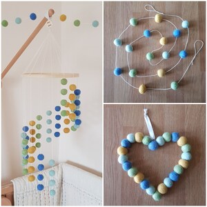 Blue, Green and Yellow Cascading Felt Ball Mobile, Bright Coloured Nursery or Childrens Bedroom Decoration, With Matching Garland and Heart image 7