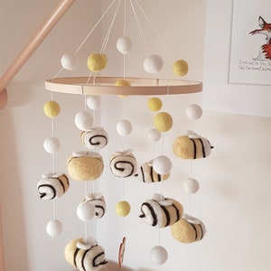 Needle Felted Bumble Bee Mobile, Handmade and Very Cute Honey Bees Paired with Felt balls to Create a Lovely Nursery or Bedroom Decoration. image 5