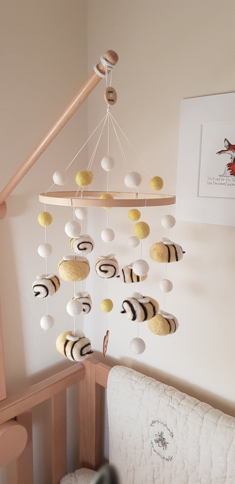 Needle Felted Bumble Bee Mobile, Handmade and Very Cute Honey Bees Paired with Felt balls to Create a Lovely Nursery or Bedroom Decoration. image 5