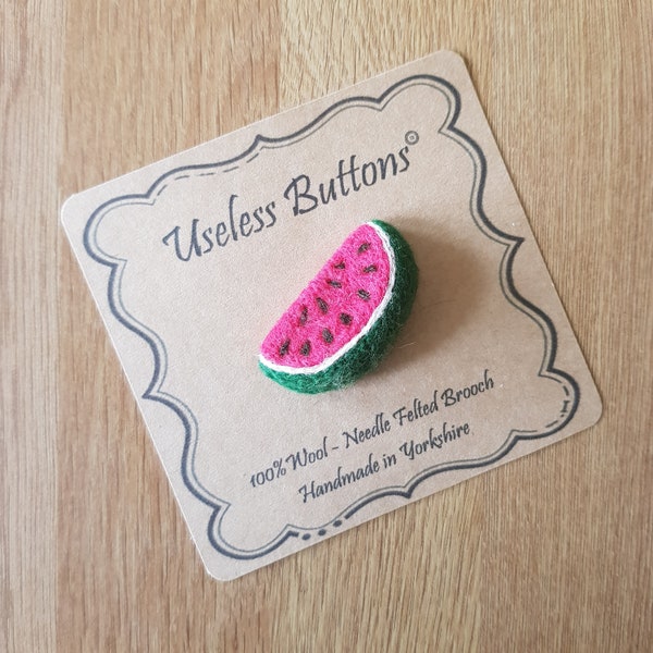 Needle Felted Watermelon Brooch Handmade in Green and Red Merino Wool. Cute Felt Fruit Melon Pin, Ideal Birthday, Mothers Day, Teacher Gift