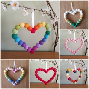 White Wedding Felt Ball Heart Hanging. Wedding Decoration, Wool Beads Shaped into a Heart Wreath. Match Colours with Wedding Themes image 2