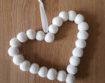 White Wedding Felt Ball Heart Hanging. Wedding Decoration, Wool Beads Shaped into a Heart Wreath. Match Colours with Wedding Themes