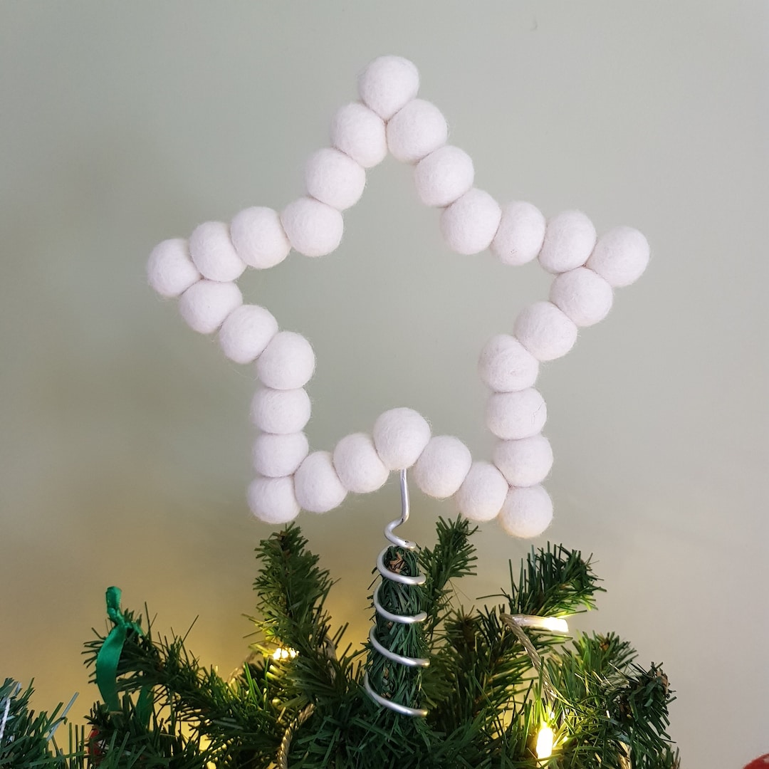 White Felt Ball Star Tree Topper, Classic Style Wool Beads Shaped Into