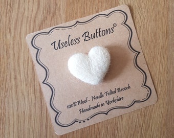 Needle Felted Heart Brooch Handmade Pretty White Merino Wool, With Love, Cute Soft Felt Heart Pin, Ideal Birthday, Mothers Day, Teacher Gift