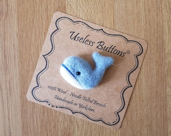 Needle Felted Whale Brooch Handmade in Blue and White Wool, Walter Whale, Cute Felt Fin Whale Pin, Ideal Birthday, Mothers Day, Teacher Gift