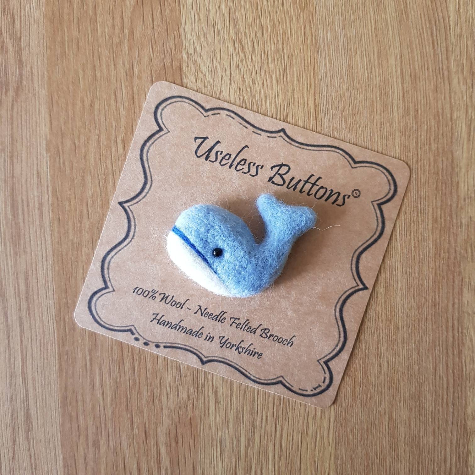 Needle Felted Whale Brooch Handmade in Blue & White Wool