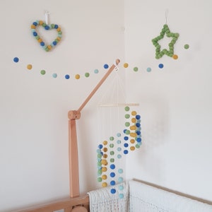 Blue, Green and Yellow Cascading Felt Ball Mobile, Bright Coloured Nursery or Childrens Bedroom Decoration, With Matching Garland and Heart image 4