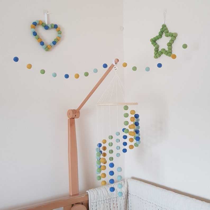 Blue, Green and Yellow Cascading Felt Ball Mobile, Bright Coloured Nursery or Childrens Bedroom Decoration, With Matching Garland and Heart image 4