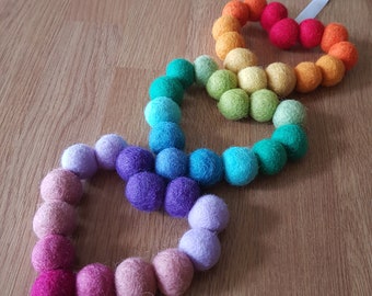 Rainbow Felt Ball 3x Heart Wall Hanging, Rainbow Decor, Bright Coloured Wool Beads Shaped into a Heart. Ideal gift for Birthday, Mothers Day