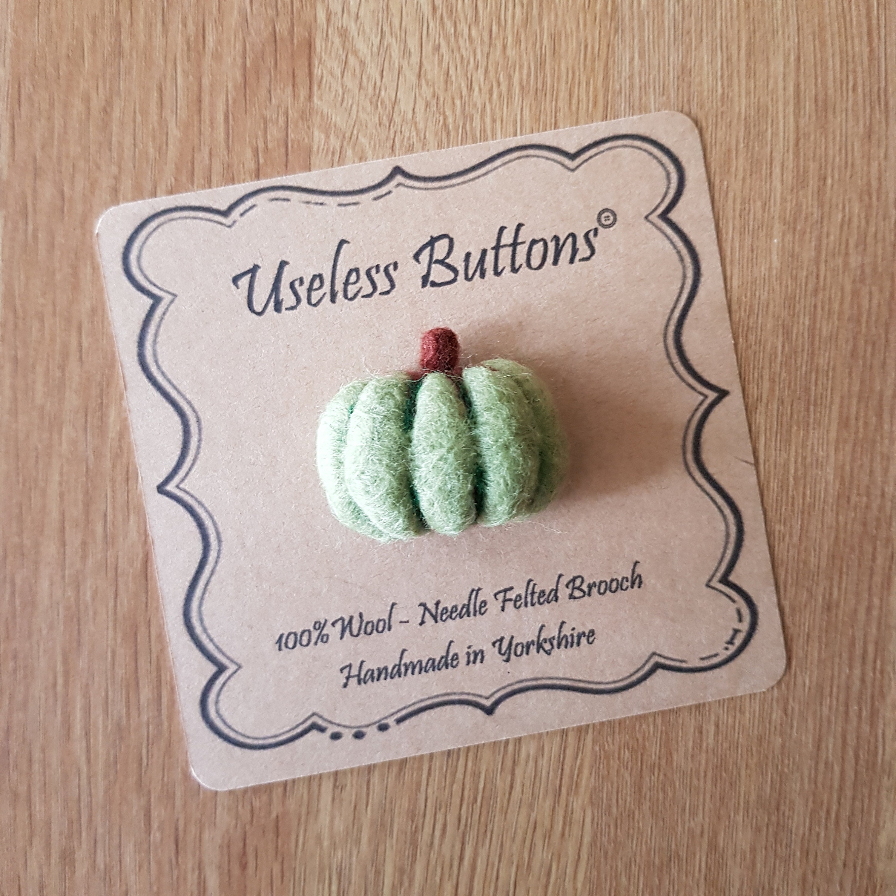 Needle Felted Autumn Pumpkin Brooch Handmade in Green Wool. Cute Felt Winter Squash Marrow Pin, Ideal Birthday, Thank You & Teacher Gift