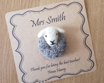 Personalised Teachers Gift Needle Felted Herdwick Sheep Brooch Handmade in Natural Herdwick and Jacobs Wool Cute Felt Lamb Pin, End of Term