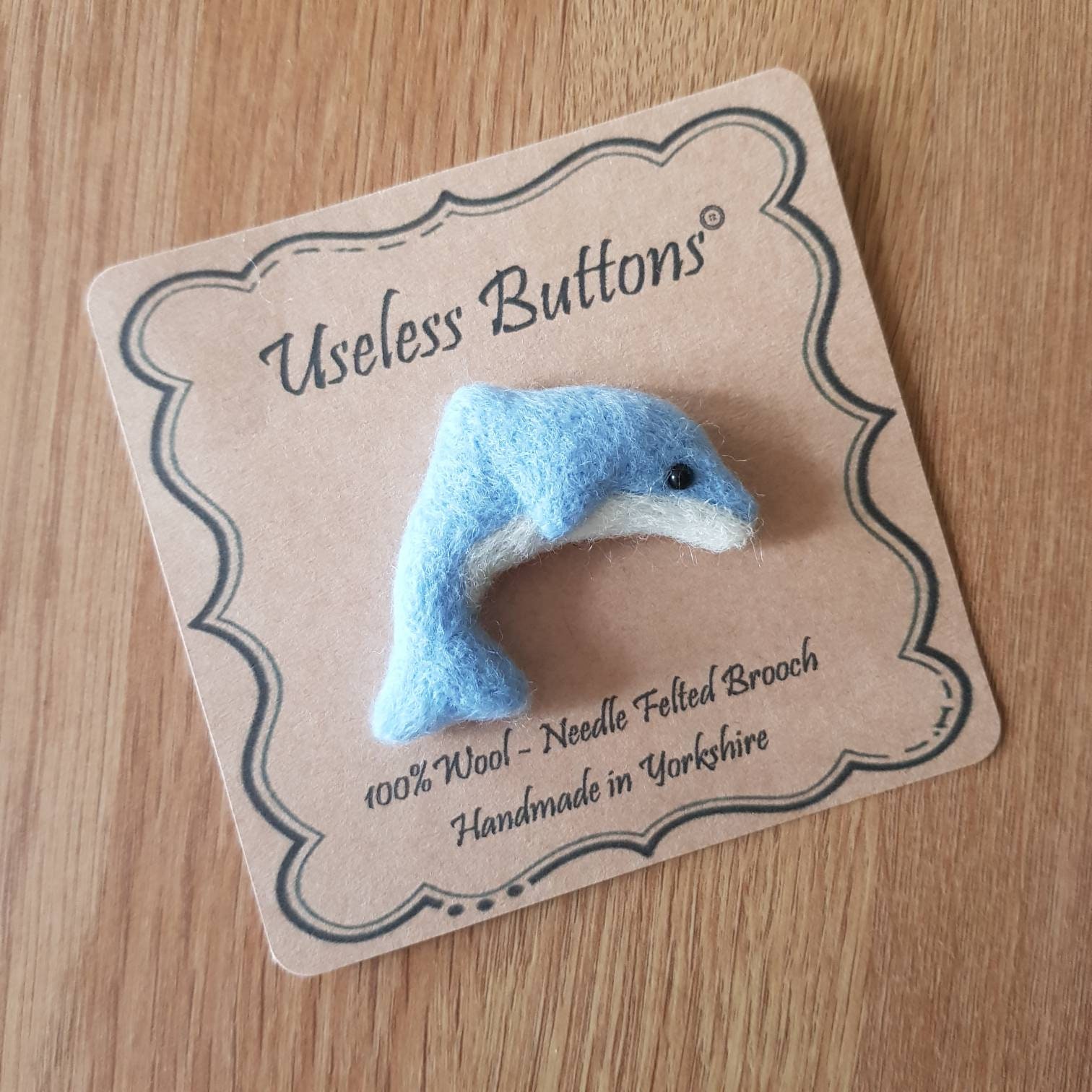 Personalised Teacher Gift Needle Felted Dolphin Brooch Handmade in Blue & White Wool. Cute Felt Porpoise Pin