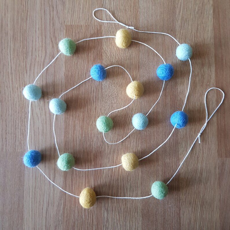 Blue, Green and Yellow Cascading Felt Ball Mobile, Bright Coloured Nursery or Childrens Bedroom Decoration, With Matching Garland and Heart image 6