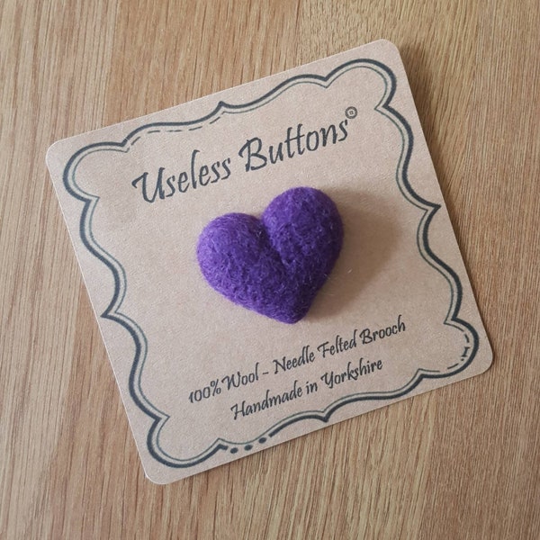 Needle Felted Heart Brooch Handmade Pretty Purple Merino Wool, With Love, Cute Soft Felt Heart Pin, Ideal Birthday, Thank you, Teacher Gift