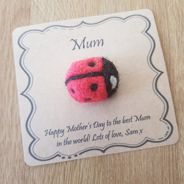 Personalised Mothers Day Gift Needle Felted Ladybird Brooch, Handmade Red and Black with White Heart, Lovebug. Cute Wool Ladybug Pin