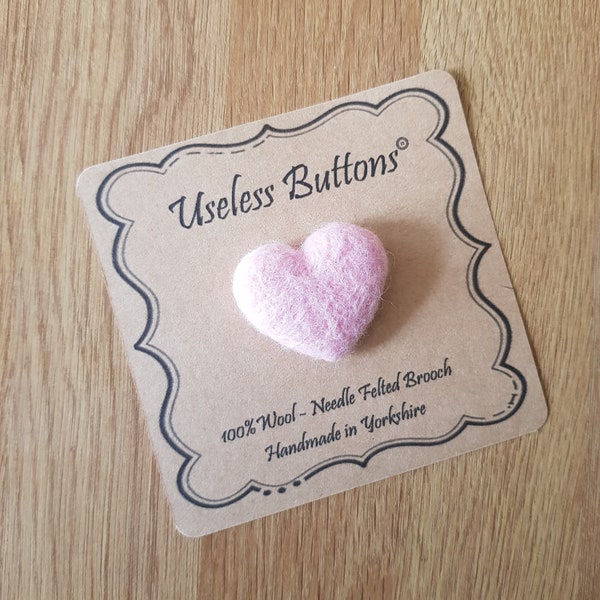 Needle Felted Heart Brooch Handmade in Pretty Pale Pink, With Love, Cute Soft Felt Wool Heart Pin, Ideal Birthday, Mothers Day, Teacher Gift