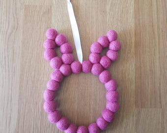 Rose Pink Felt Ball Bunny - Wall Hanging Shaped into a Rabbit Wreath Decoration