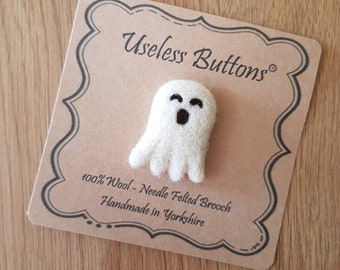 Needle Felted Ghost Brooch Handmade in White Wool. Cute Felt Halloween Ghoul Pin, Ideal Birthday, Halloween, Mothers Day & Teacher Gift